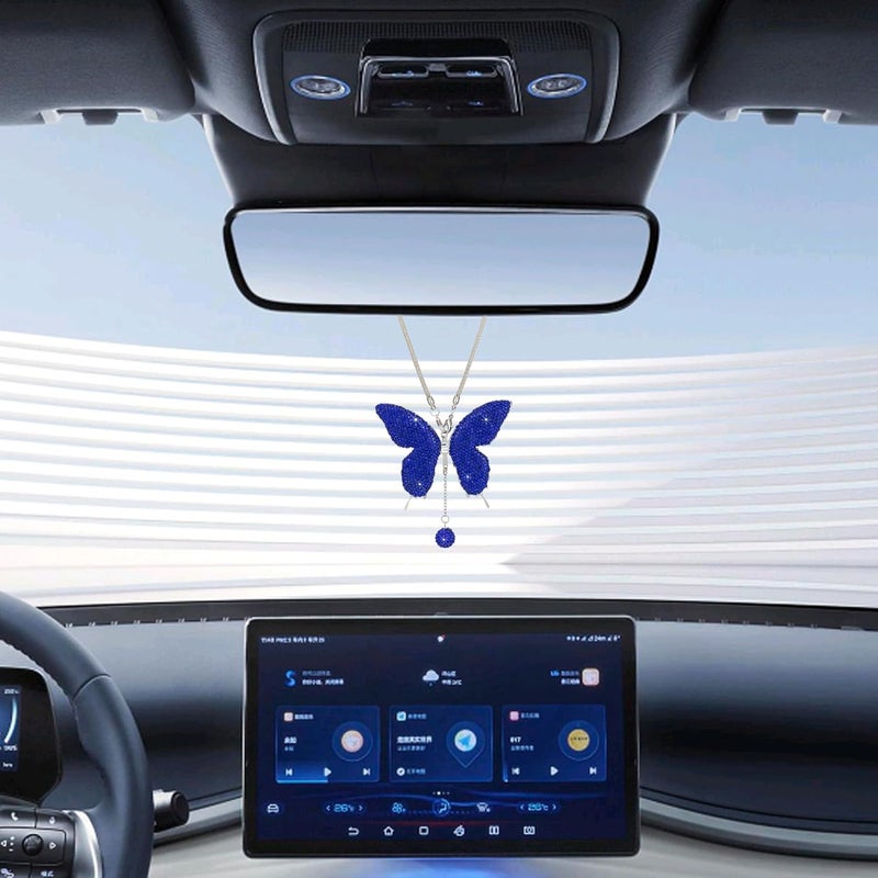 Couslcd Bling Butterfly Diamond Car Accessories, Crystal Car Rear View Mirror Charms for Women, Auto Decoration Lucky Hanging Interior Crystal Ornament Pendant Decor for All Cars (Dark Blue) - Image 4